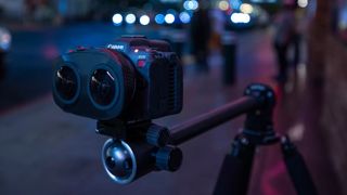the Canon EOS R5C paired with Canon RF 5.2mm F2.8L Dual Fisheye, shooting on a street scene at night