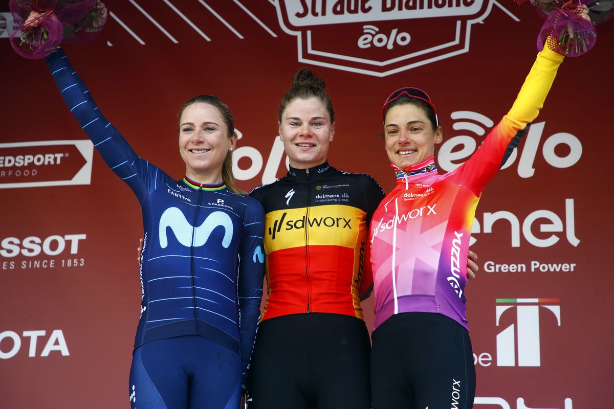 Strade Bianche Women 2022 8th Edition Siena Siena 136 km 05032022 Annemiek Van Vleuten NED Movistar Team Lotte Kopecky BEL Team SD Worx Ashleigh Moolman RSA Team SD Worx photo Roberto BettiniSprintCyclingAgency2022