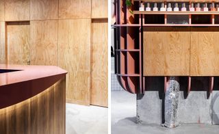 Two side-by-side photos of Le Hideout. The first photo offers a partial view of a wooden counter with a dark coloured top, wood covered walls, wooden doors and grey floors . And the second photo is a close up of the concrete base and peach shelving structure that sits on top with nail varnish on it