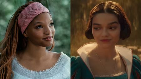 Halle Bailey smiling as Ariel/Rachel Zegler arching an eye brow as Snow White