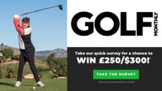 A golfer at the top of their backswing and promotion to take a quick survey for a chance to win £250/$300!