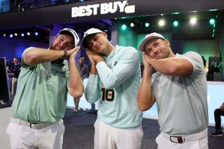 The Bay GC's Shane Lowry, Ludvig Aberg and Wyndham Clark celebrating their TGL win