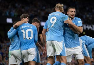 Sheffield United vs Manchester City live stream Manchester City players including Erling Haaland and Mateo Kovacic celebrate a goal during the Premier League match between Manchester City and Newcastle United at Etihad Stadium on August 19, 2023 in Manchester, England. (Photo by Visionhaus/Getty Images)