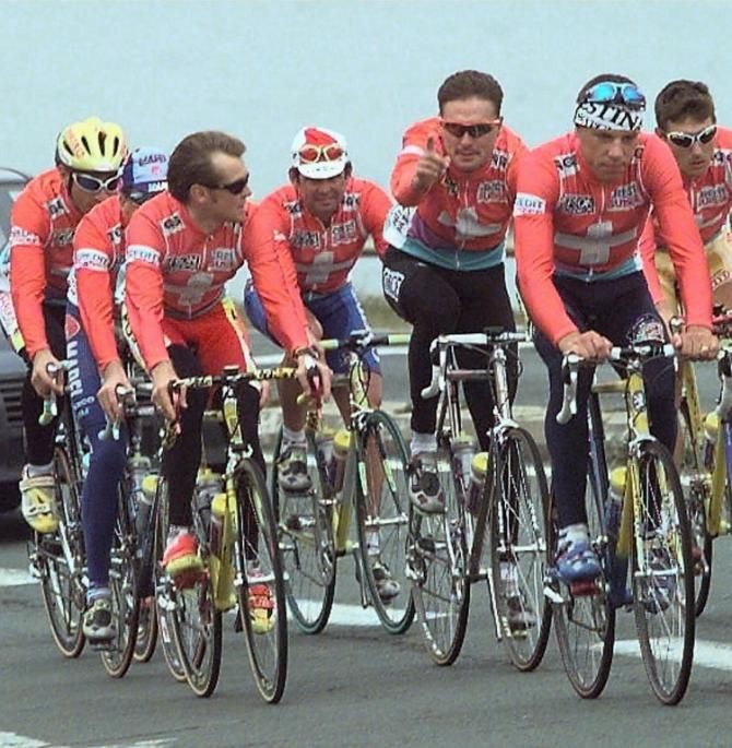 1997 Worlds: Alex Zulle and his Swiss teammates preview the parcours in San Sebastian, Spain
