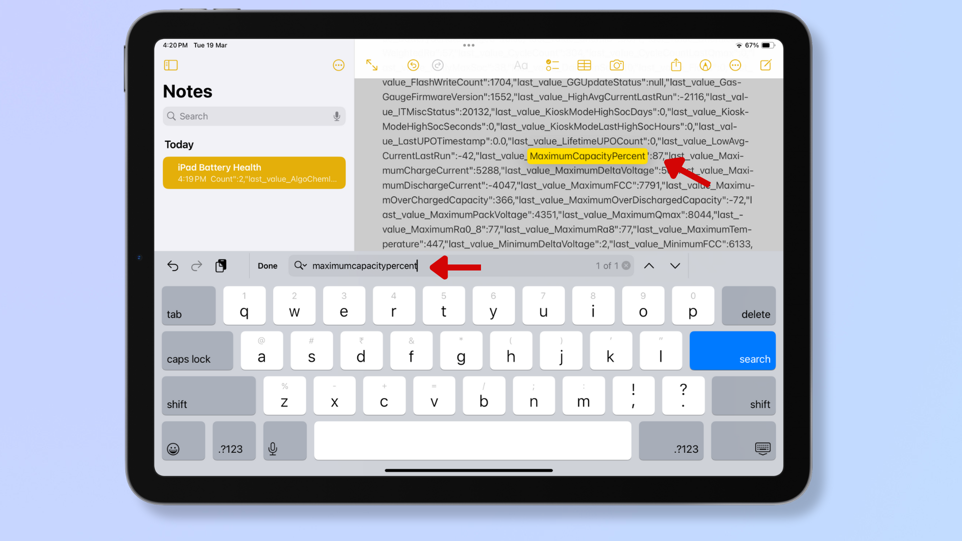 Screenshot of the Notes app on iPad with red arrows pointing at maximumcapacitypercent in the search bar and at MaximumCapacityPercent in the search result. 