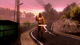 A girl in a yellow raincoat on a gloomy, sunset town road