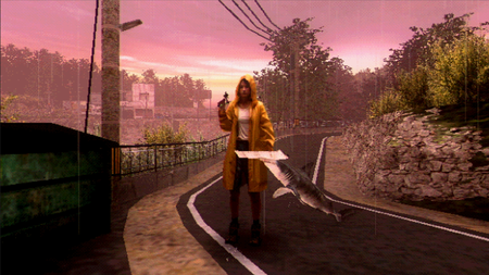 A girl in a yellow raincoat on a gloomy, sunset town road