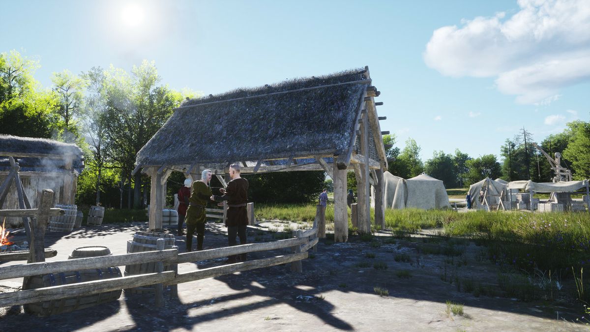 Manor Lords marketplace - Two peasants talking