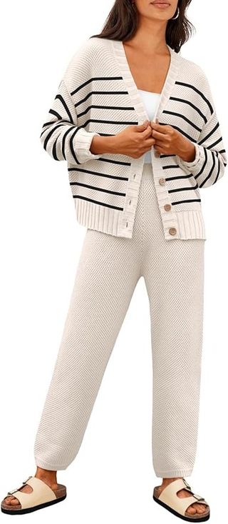 Lillusory Womens 2 Two Piece Lounge Sets Sweater Matching Loungewear 2025 Fall Winter Fashion Trendy Cozy Comfy Knit Cardigan Pant Wear Clothing Airport Outfits Travel Clothes Stripes Apricot S