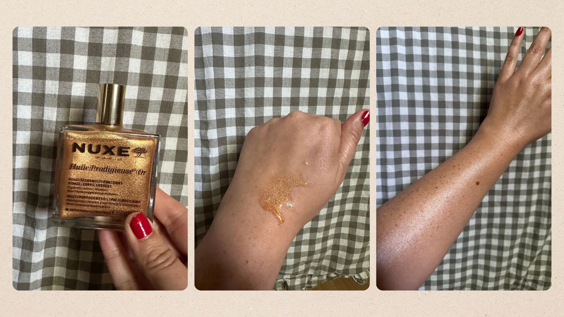 An image of Rhiannon Derbyshire holding the Nuxe Huile Prodigieuse Or Oil, alongside an image of the glistening oil on a hand, alongside an image of Rhiannon's arm looking glowing after using the oil