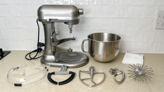 The KitchenAid 7-Quart Stand Mixer and all its attachments before baking