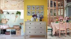 Three images of colorful home decor with flowers and natural materials