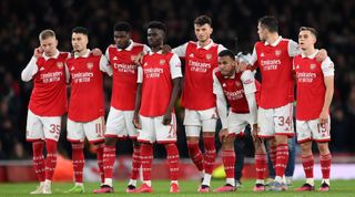 Arsenal players look on during the penalty shootout in the UEFA Europa League last 16 second leg match between Arsenal and Sporting Lisbon at the Emirates Stadium on March 16, 2023 in London, United Kingdom.