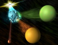 An illustration showing an electron and positron colliding, resulting a stream of other particles, including an antimatter B-bar meson.