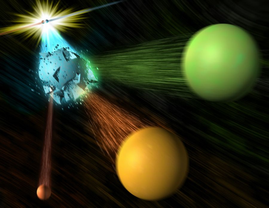 An illustration showing an electron and positron colliding, resulting a stream of other particles, including an antimatter B-bar meson.