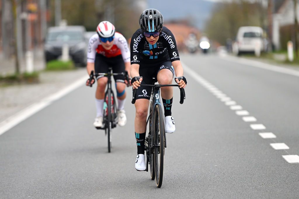 WAREGEM BELGIUM MARCH 29 Francesca Barale of Italy and Team DSM competes in the breakaway during the 11th Dwars door Vlaanderen 2023 Womens Elite a 1149km ine day race from Waregem to Waregem DDV23 on March 29 2023 in Waregem Belgium Photo by Luc ClaessenGetty Images