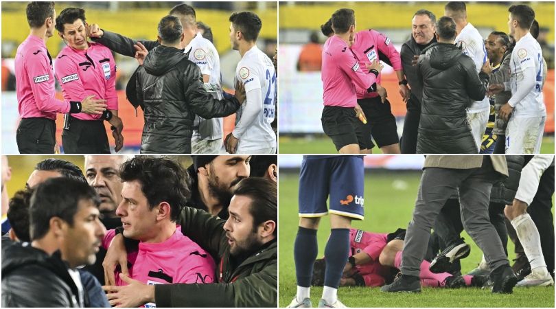 Faruk Koca, President of MKE Ankaragucu throws a punch to the referee Halil Umut Meler after the Turkish Super Lig week 15 soccer match between MKE Ankaragucu and Rizespor at Eryaman Stadium in Ankara, Turkiye on December 11, 2023. The match ended 1-1. (Photo by Emin Sansar/Anadolu via Getty Images)