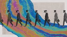 Photo collage of a string of businessmen walking in a line, each with an X over their face. In the background, there is a multicoloured oil slick.