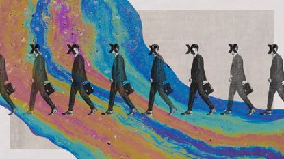 Photo collage of a string of businessmen walking in a line, each with an X over their face. In the background, there is a multicoloured oil slick.