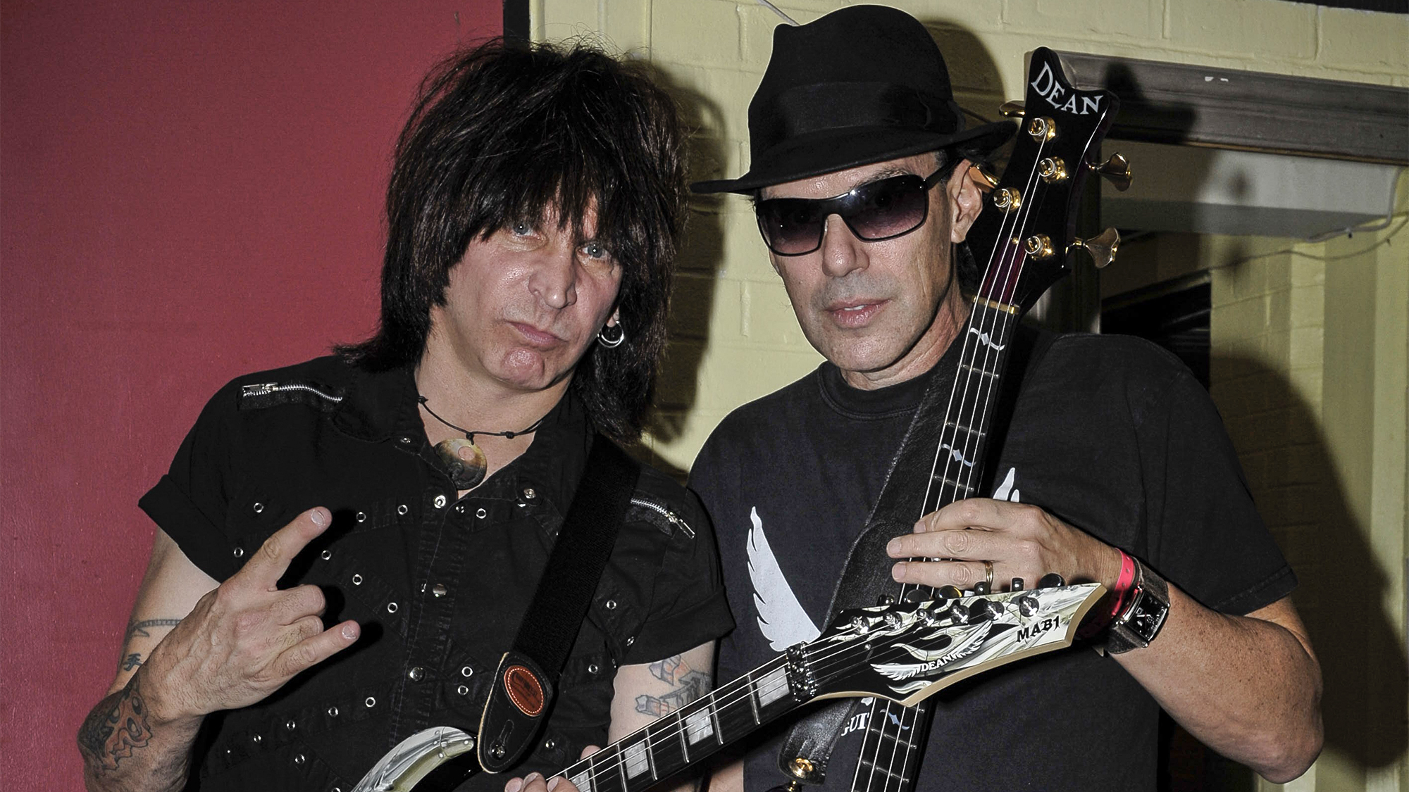 Michael Angelo Batio (L) and CEO of Dean guitars Elliot Rubinson backstage at the Dean DOA event at the Albany Theatre, August 11, 2009