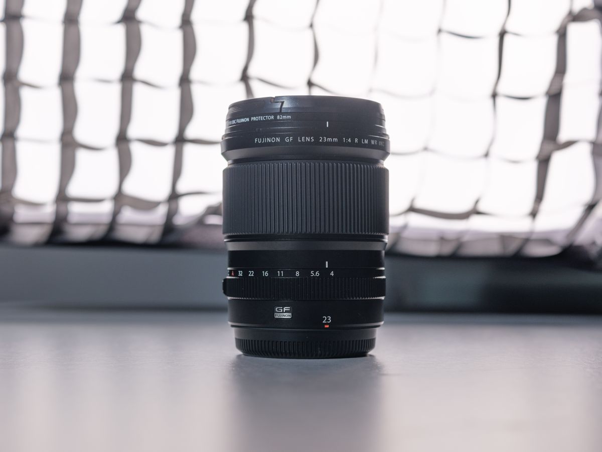 A photo of a Fujifilm lens backlit with a softbox