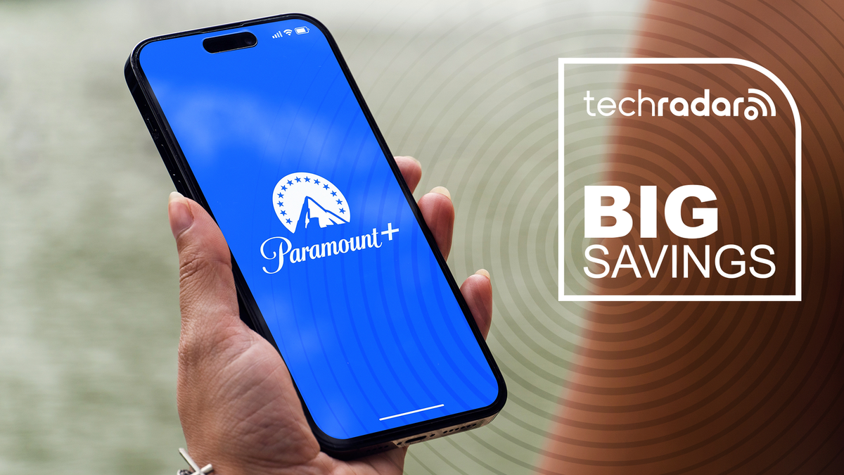 Person holding smartphone with Paramount Plus logo displayed, with overlay of TechRadar&#039;s radar and &#039;big savings&#039; messaging