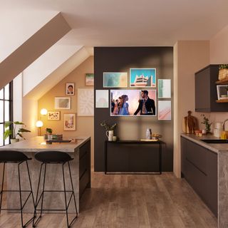 samsung frame tv in open plan kitchen