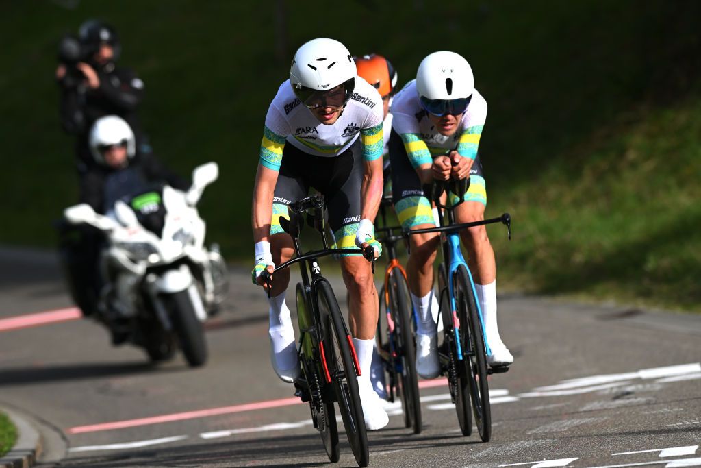ZURICH SWITZERLAND SEPTEMBER 25 Jay Vine of Team Australia sprints during the 97th UCI Cycling World Championships Zurich 2024 Mixed Relay Team Time Trial a 537km one day race from Zurich to Zurich on September 25 2024 in Zurich Switzerland Photo by Dario BelingheriGetty Images