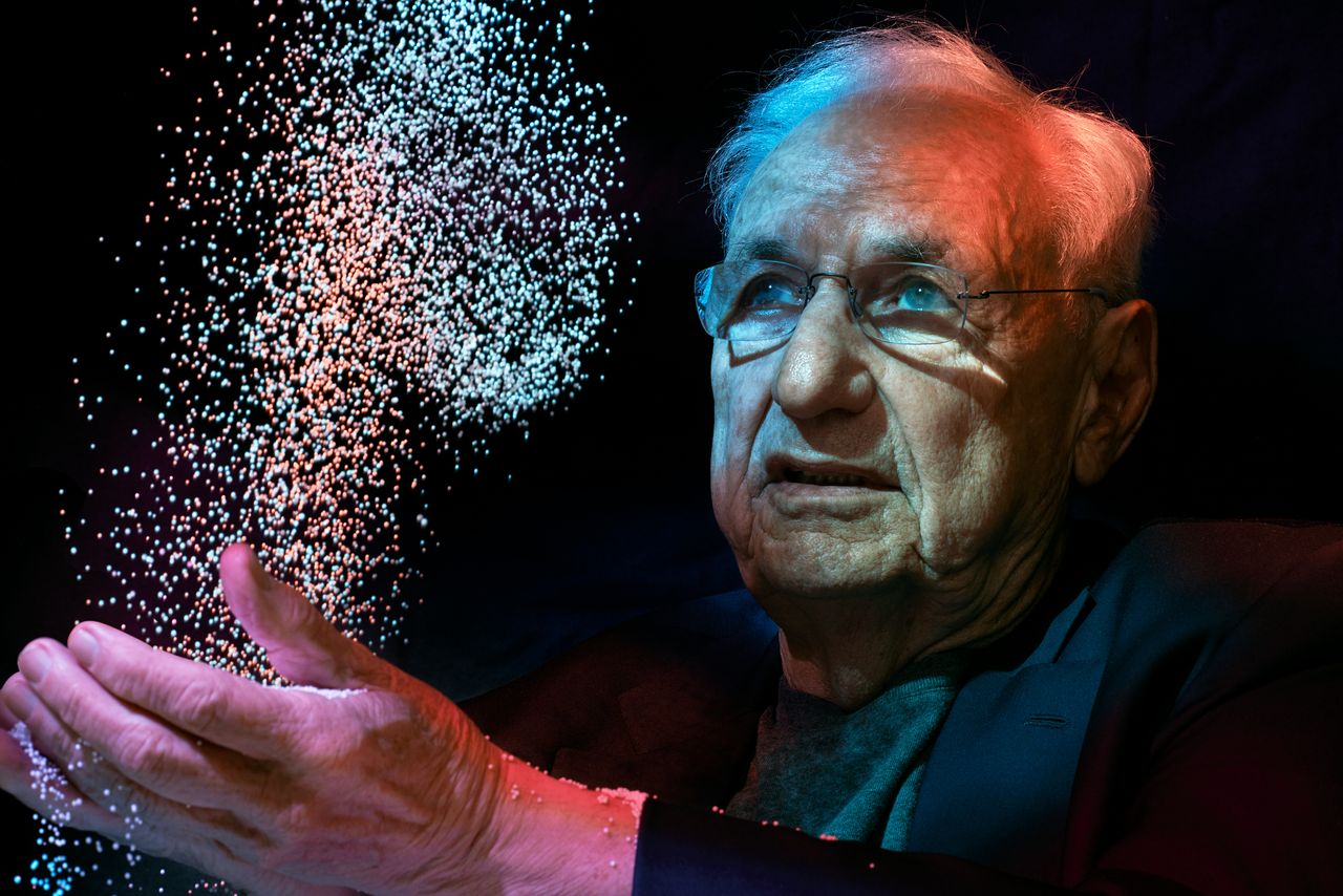 portrait of architect frank gehry throwing glitter in the air