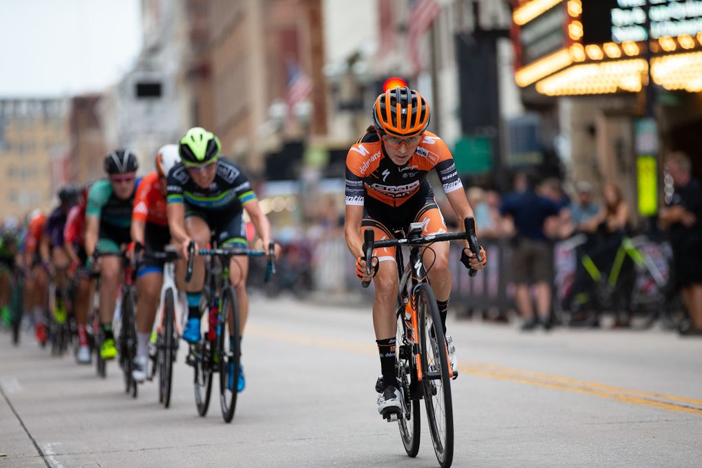 Boels Dolmans Katie Hall on the front of the USPro criterium