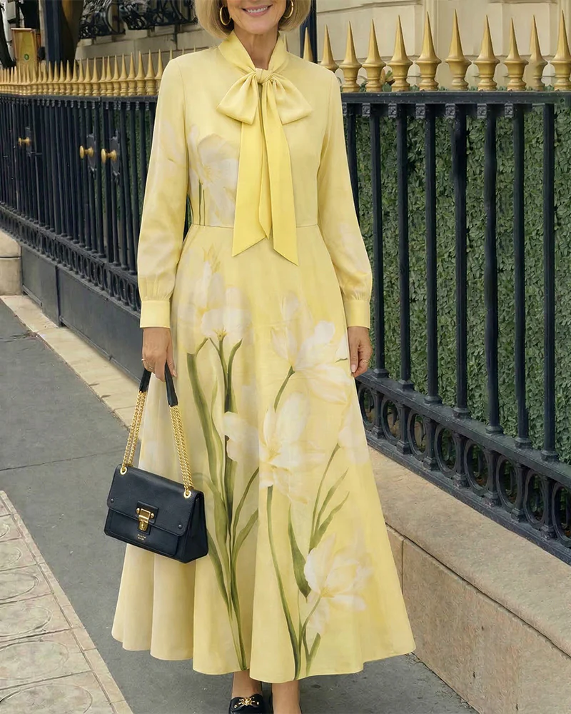 Floral Bow-Detail Long Sleeve Maxi Dress
