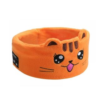 A circular orange headphone sleep mask with a cat design face on the front