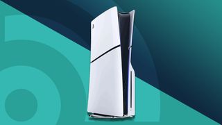 The PS5 Slim on a light blue backdrop,