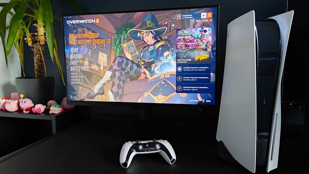 KOORUI GN02 monitor with Overwatch 2 main menu on screen