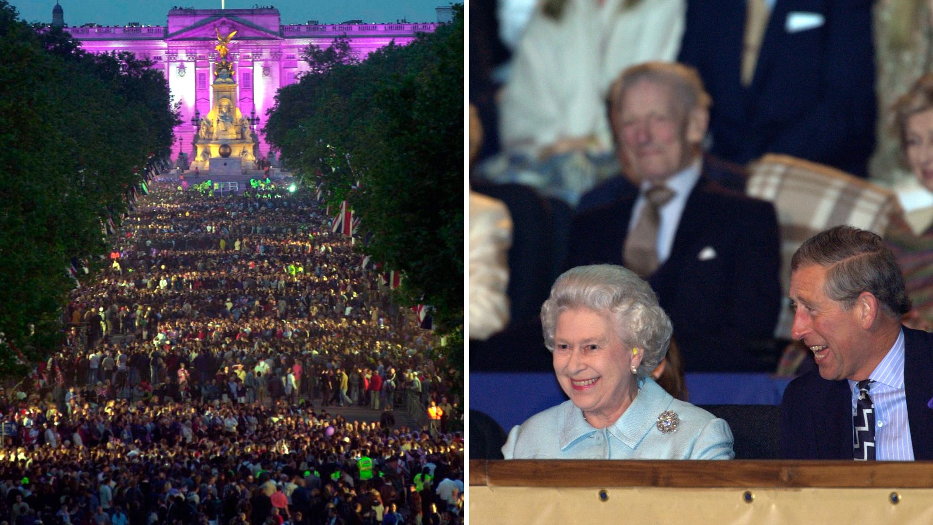 The crowd at the Mall during the 2002 Golden Jubilee party, and the Queen and Prince Charles watching in the crowd