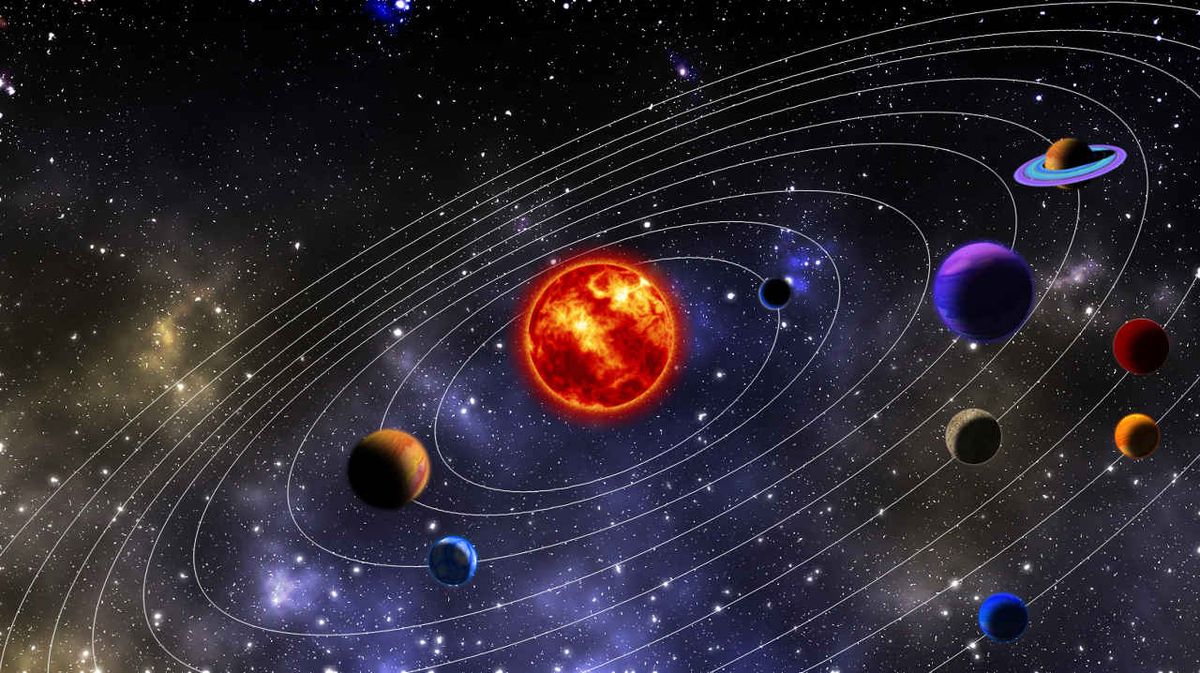 Illustration of solar system with fiery sun at center