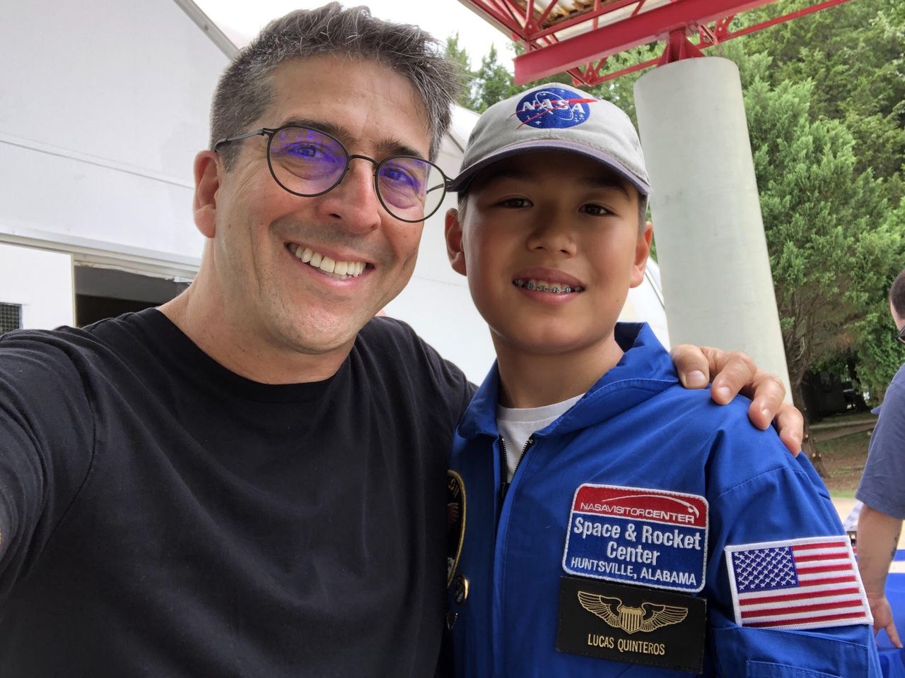 Ernesto Quinteros (left) and his son Lucas, 11, pose for a photo at Space Camp at the U.S. Space &amp; Rocket Center in Huntsville, Alabama where officials launched nearly 5,000 rockets on July 16 to celebrate the 50th anniversary of the Apollo 11 moon mission launch in 1969.
