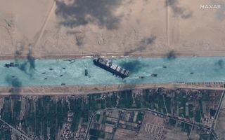 A satellite image showing the Ever Given in the Suez Canal on March 29, 2021, as the boat became free.