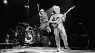 The Police perform in Philadelphia during the band's Ghost In The Machine Tour, 1981. From left to right: Stewart Copeland (drums), Sting and Andy Summers.