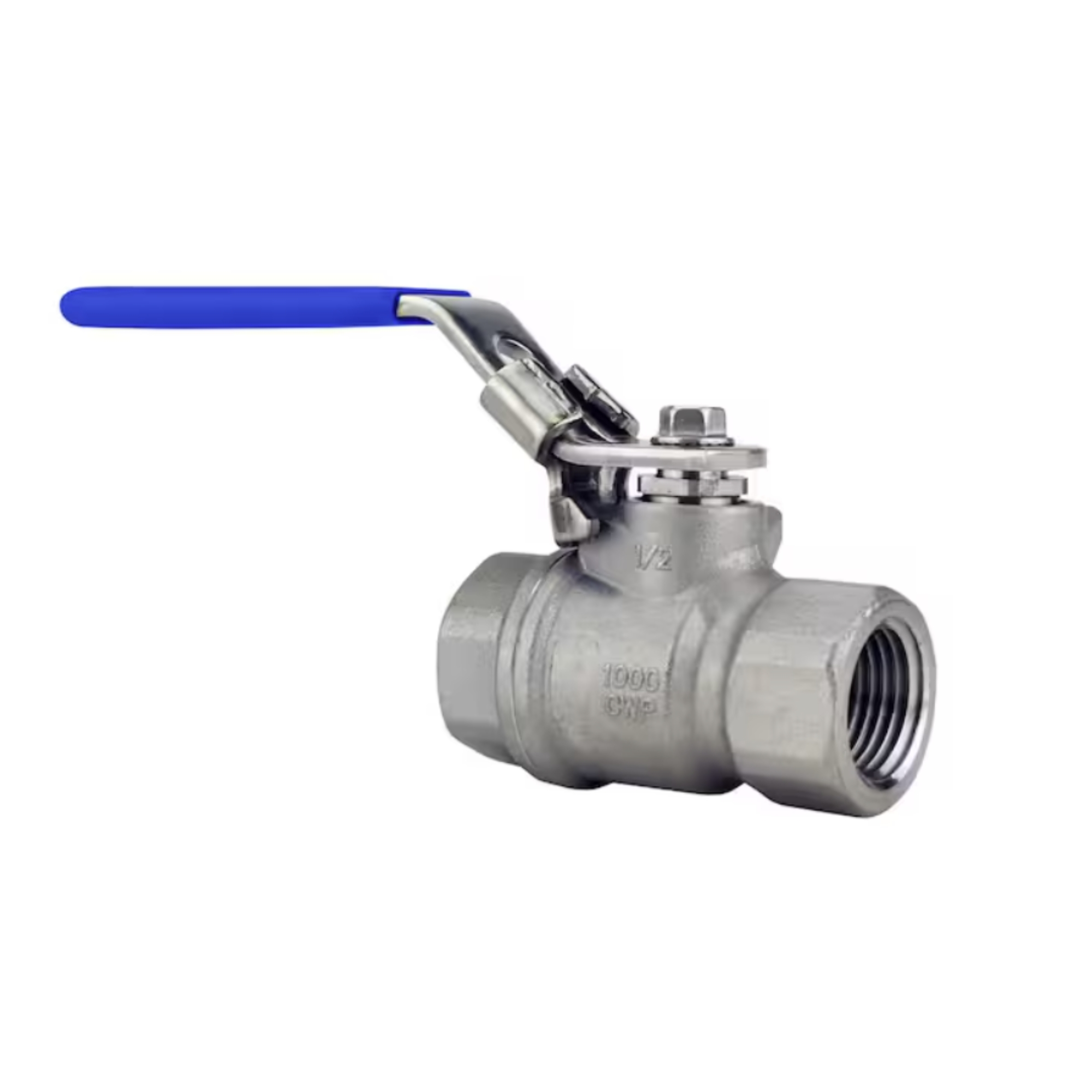 Apollo 1/2 in. x 1/2 in. Stainless Steel Full-Port Ball Valve with Latch Lock Lever against white background.