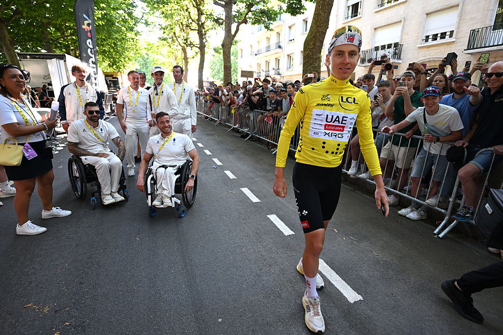 CAEN, FRANCE - JULY 09: Yellow Leader Jersey winner, Tadej Pogacar of Slovenia and UAE Team Emirates - XRG meets the fans after the 112th Tour de France, Stage 5 a 33km individual time trial stage from Caen to Caen / #UCIWT / on July 09, 2025 in Caen, France. (Photo by Tim de Waele/Getty Images)