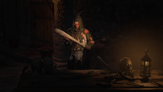 A medieval executioner stands in a lantern-lit dungeon, wielding a large cudgel menacingly.
