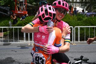 Noemi Rüegg celebrates the overall victory with teammate Sara Roy in the Women's Tour Down Under