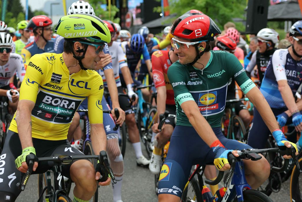 SAMOENS FRANCE yellow jersey Primož Roglič (Bora-hansgrohe ) chats with Giulio Ciccone (Lidl-Trek) at stage 7 start in Albertville