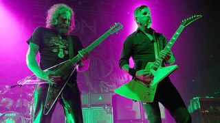 Brent Hinds (L) and Bill Kelliher of Mastodon perform in concert at the Austin Music Hall on October 28, 2015 in Austin, Texas.