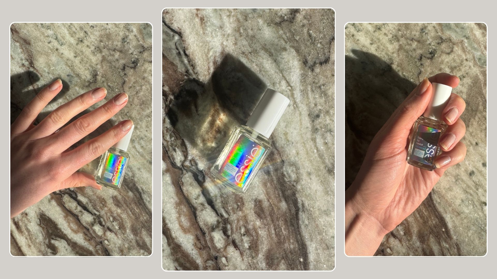 A collage of images featuring the Essie Hard to Resist nail strengthener