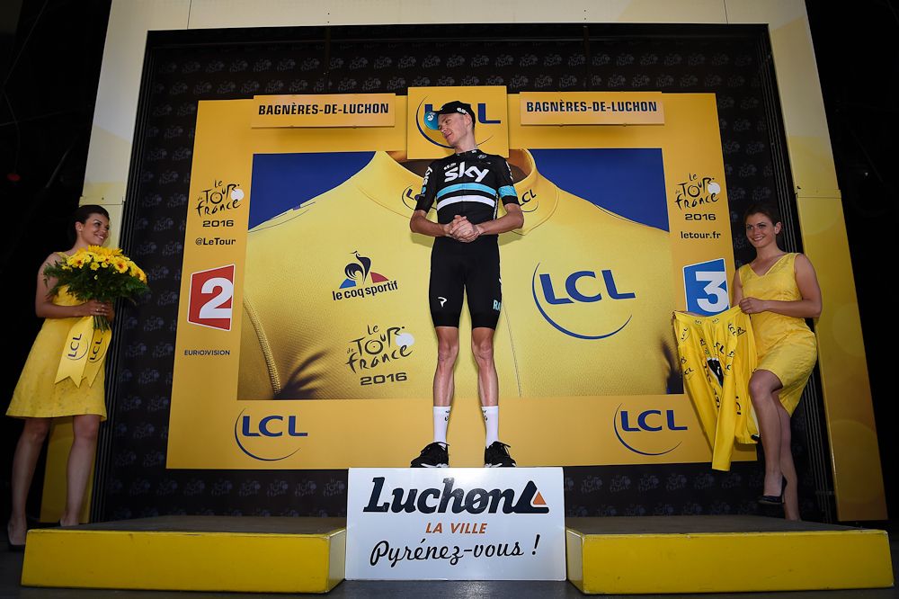 Chris Froome assumes his familiar spot at the Tour de France