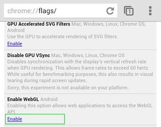 WebGL in Chrome for Android Flags Menu