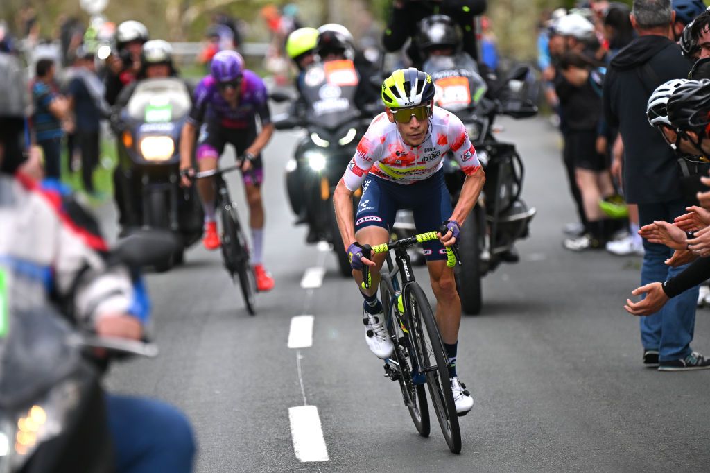 LEGUTIO SPAIN APRIL 04 Louis Meintjes of South Africa and Team Intermarche Wanty Polka Dot Mountain Jersey competes in the breakaway during the 63rd Itzulia Basque Country 2024 Stage 4 a 1575km stage from Etxarri Aranatz to Legutio 550m Race neutralised due to a multiple riders crash and dropouts The breakaway will dispute the victory UCIWT on April 04 2024 in Etxarri Legutio Spain Photo by Tim de WaeleGetty Images
