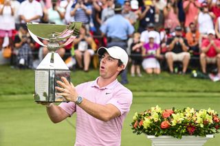 Rory McIlroy reacts as he picks up the 2019 FedEx Cup